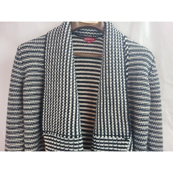 Merona Women's (M) Black & White Stripe Open Front Shaw Collar Sweater Cardigan - Picture 2 of 8